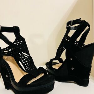Gianni Bini Black Cutout Wedge Sandals